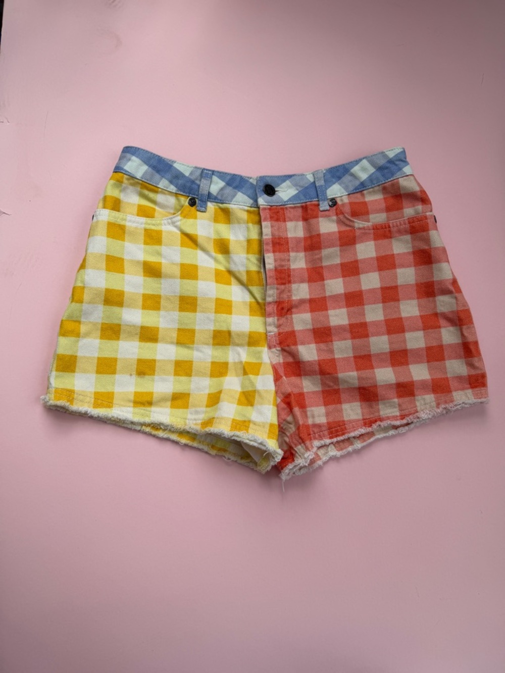 Farm rio for Anthropologie Two-Tone Gingham High-Rise Shorts - Yellow & Coral